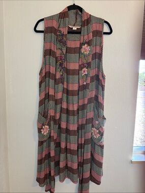 April Cornell- Small- Embroidered Pink & Black Striped Midi Dress with Pockets